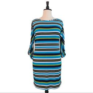 Calvin Klein Women's Shift Dress Boat Neck Blue Black Stripe Jersey Knit Size 14